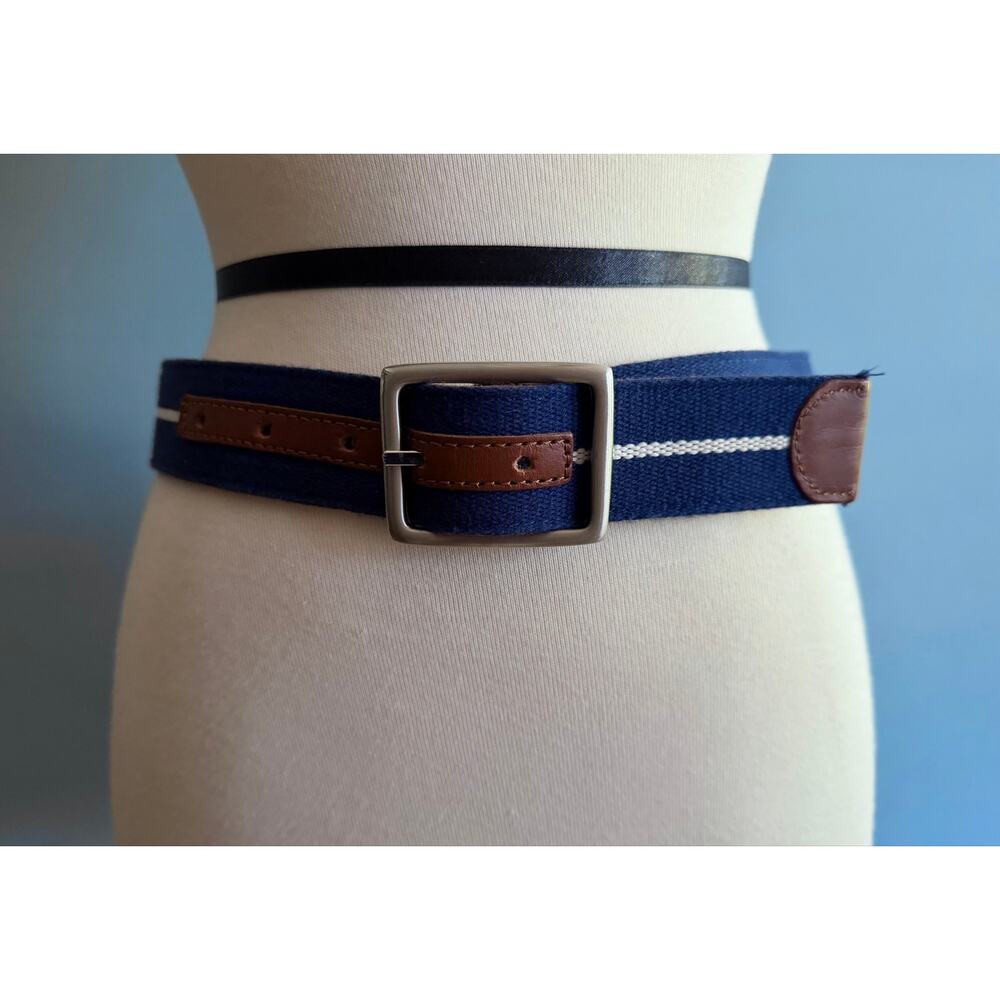 Reversible Blue Striped Cotton Italian Leather Belt Womens sz 30 (runs small)